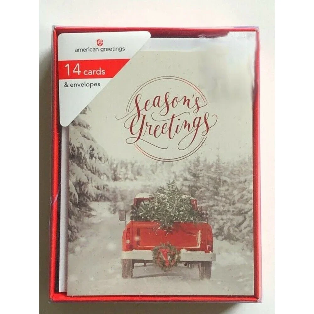 American Greetings Christmas Cards Red Farm Truck Boxed 14 Cards Envelopes 4x5